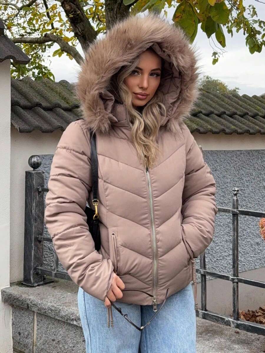 Briar Fuzzy Panel Hooded Puffer Coat with Zip Front - Taupe