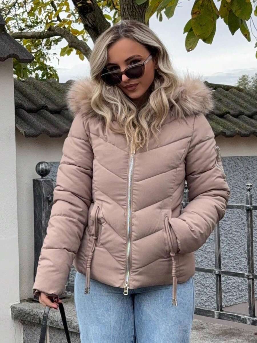 Briar Fuzzy Panel Hooded Puffer Coat with Zip Front - Taupe