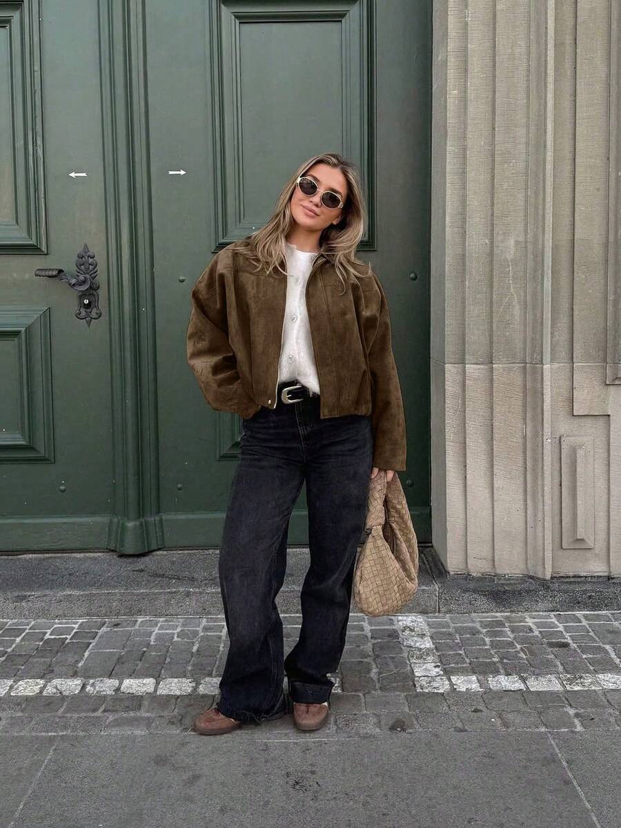 Sabrina Faux Suede Oversized Cropped Collared Jacket - Tobacco Brown