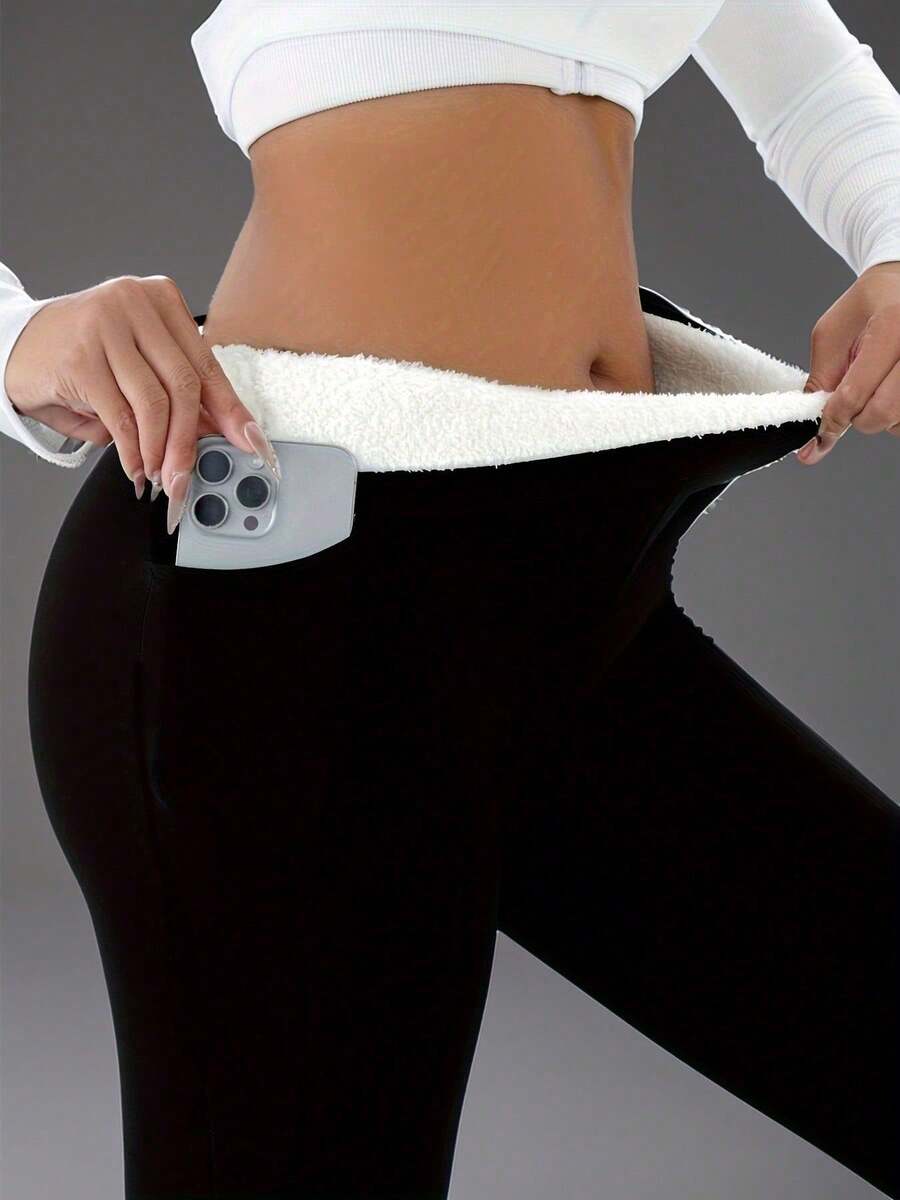 Isolde High Waist Brushed Thermal Leggings with Pockets - Black