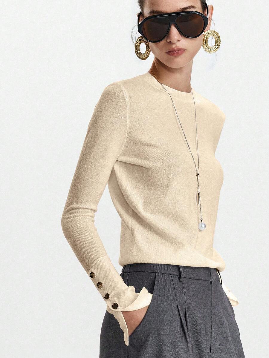 Women's Fine Knit Sweater with Button Cuffs, Lightweight Pullover for Fall Work Casual - Apricot