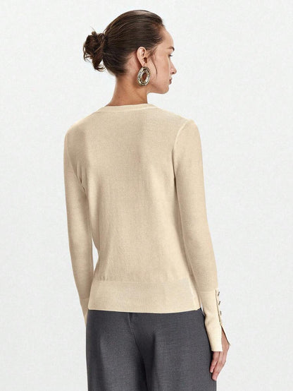 Women's Fine Knit Sweater with Button Cuffs, Lightweight Pullover for Fall Work Casual - Beige