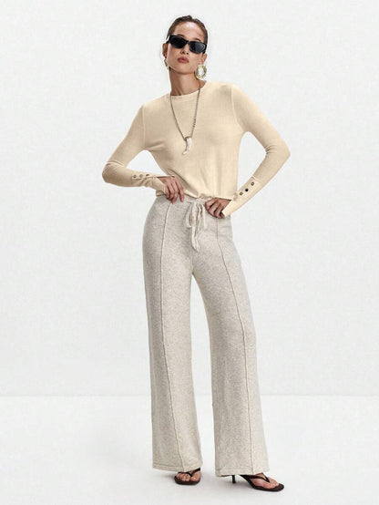 Women's Fine Knit Sweater with Button Cuffs, Lightweight Pullover for Fall Work Casual - Beige