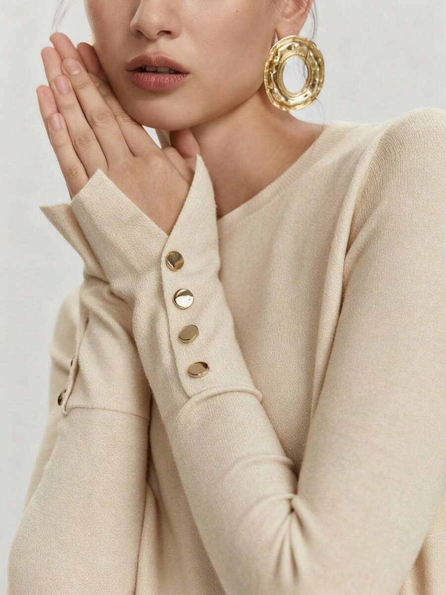 Women's Fine Knit Sweater with Button Cuffs, Lightweight Pullover for Fall Work Casual - Beige