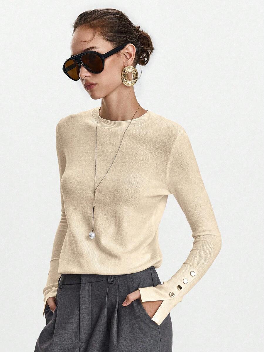 Women's Fine Knit Sweater with Button Cuffs, Lightweight Pullover for Fall Work Casual - Beige