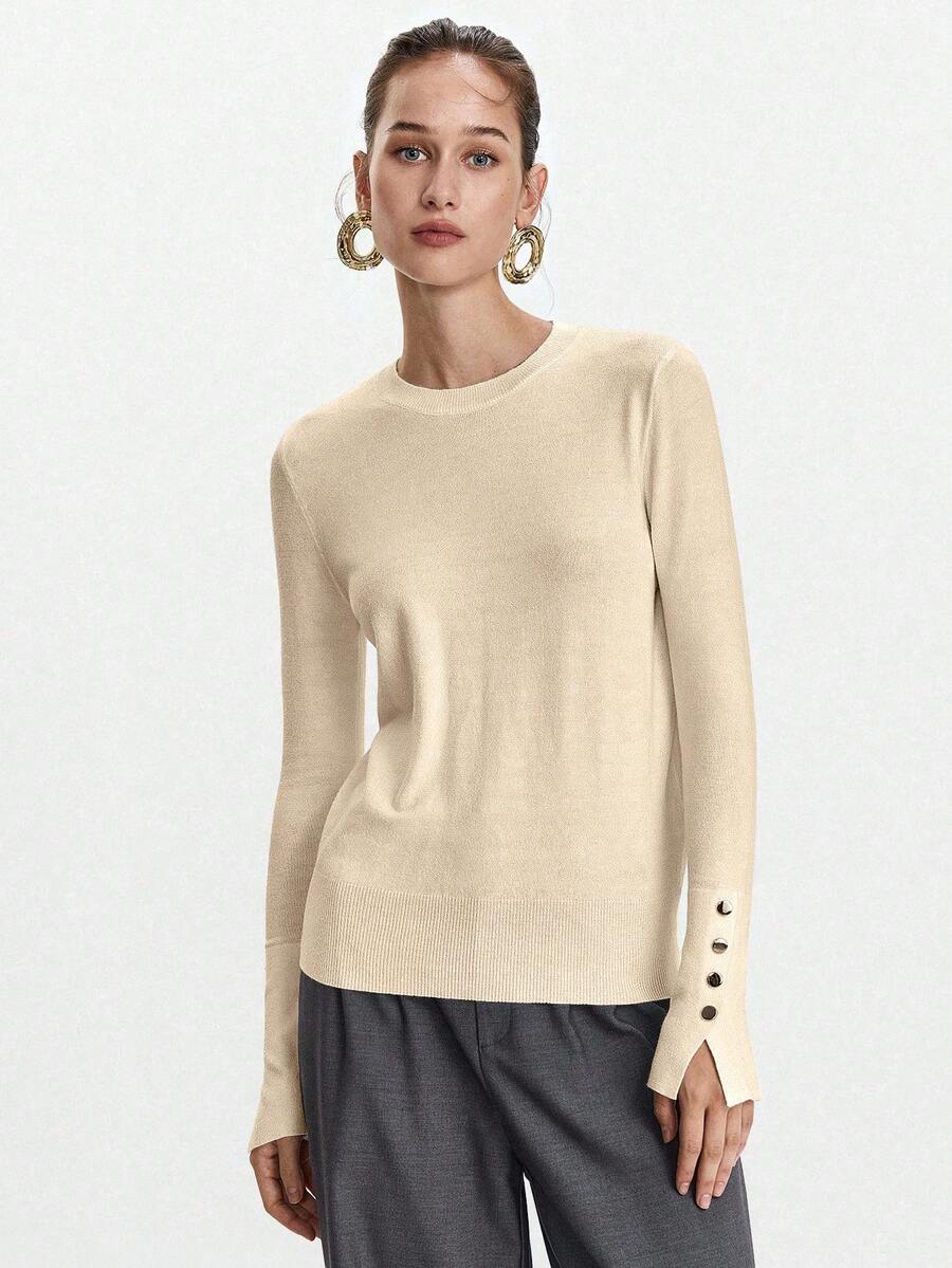 Women's Fine Knit Sweater with Button Cuffs, Lightweight Pullover for Fall Work Casual - Beige