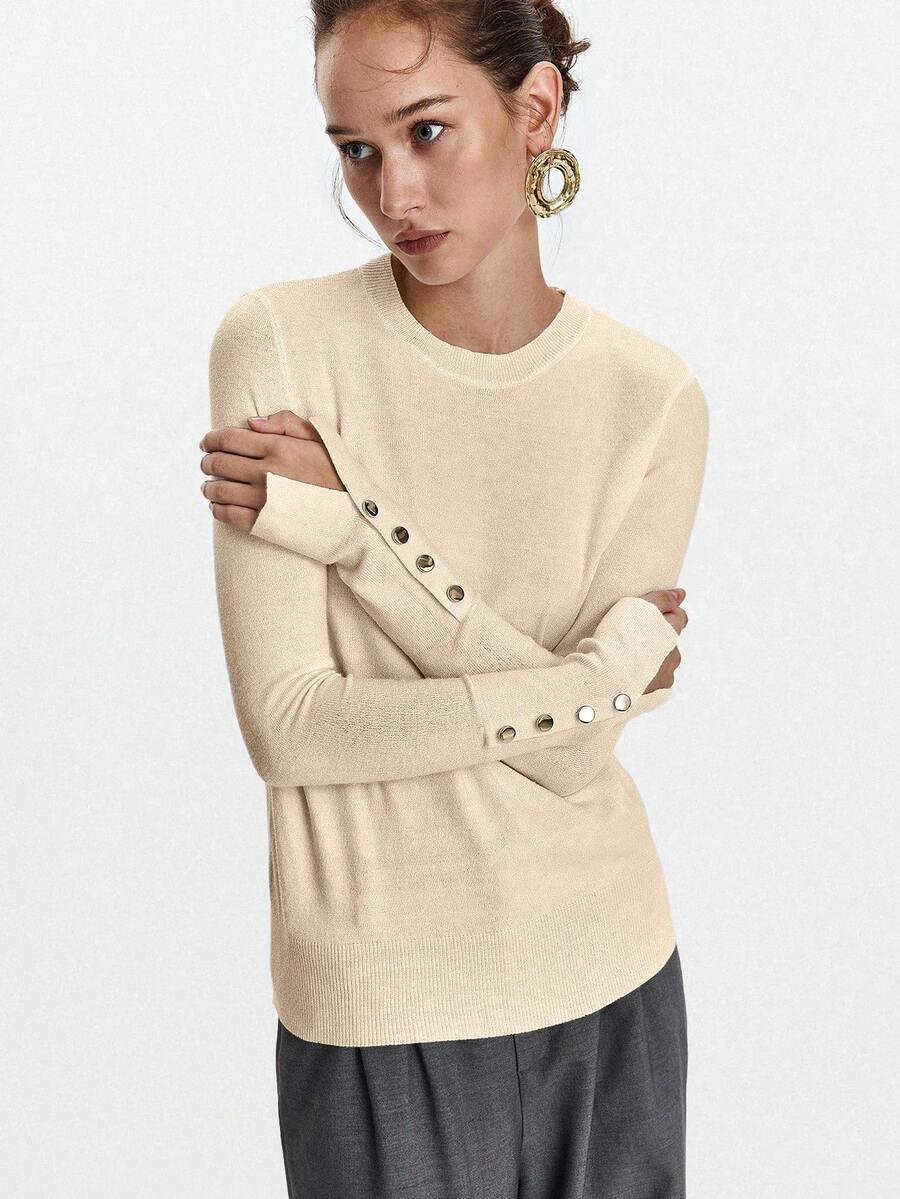 Women's Fine Knit Sweater with Button Cuffs, Lightweight Pullover for Fall Work Casual - Beige