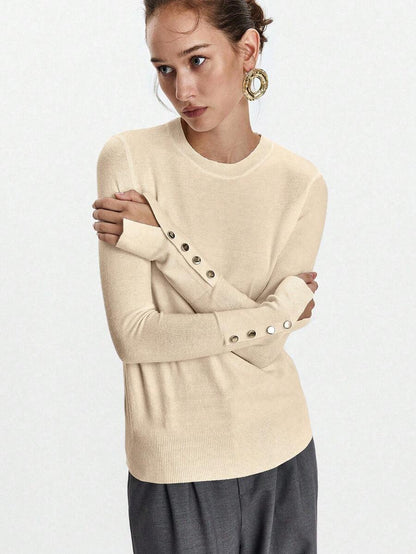 Women's Fine Knit Sweater with Button Cuffs, Lightweight Pullover for Fall Work Casual - Beige
