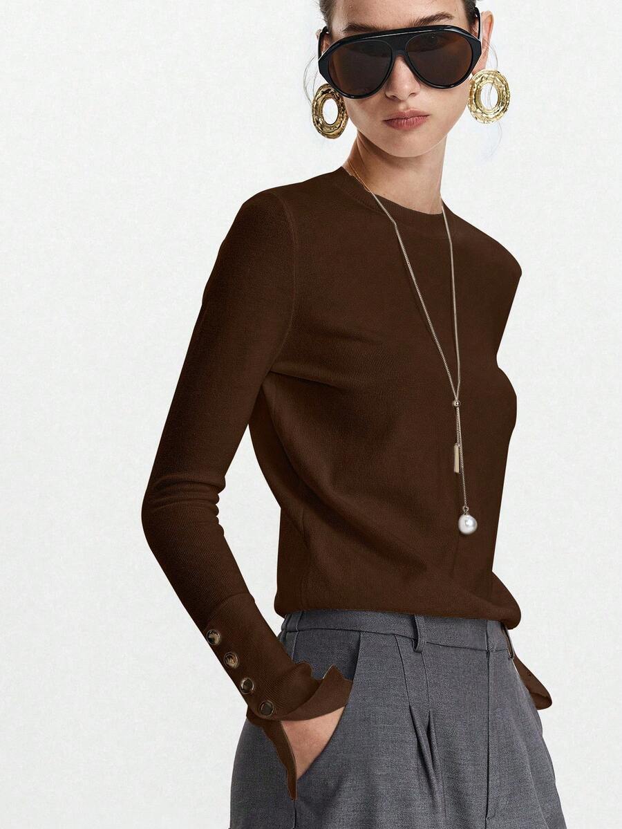 Women's Fine Knit Sweater with Button Cuffs, Lightweight Pullover for Fall Work Casual - Beige