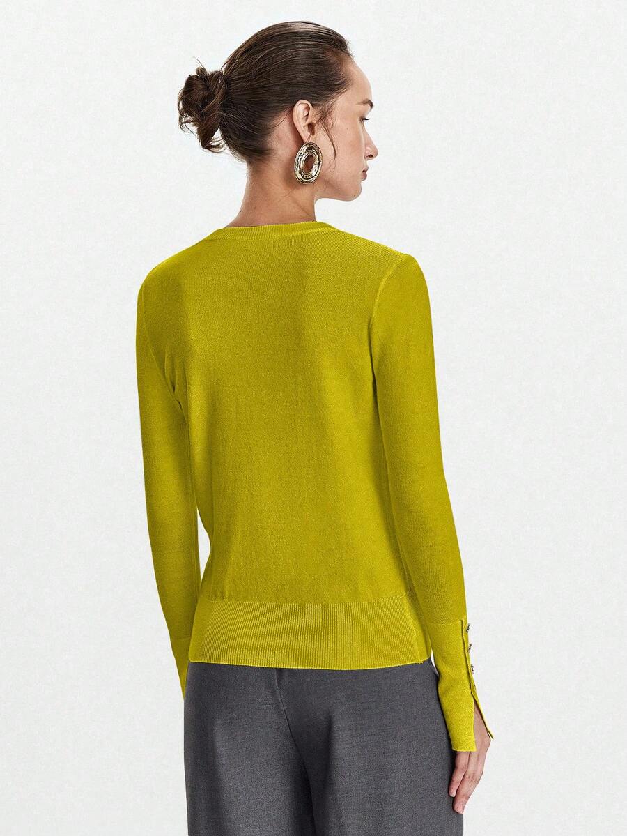 Women's Fine Knit Sweater with Button Cuffs, Lightweight Pullover for Fall Work Casual - Beige