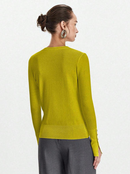 Women's Fine Knit Sweater with Button Cuffs, Lightweight Pullover for Fall Work Casual - Beige