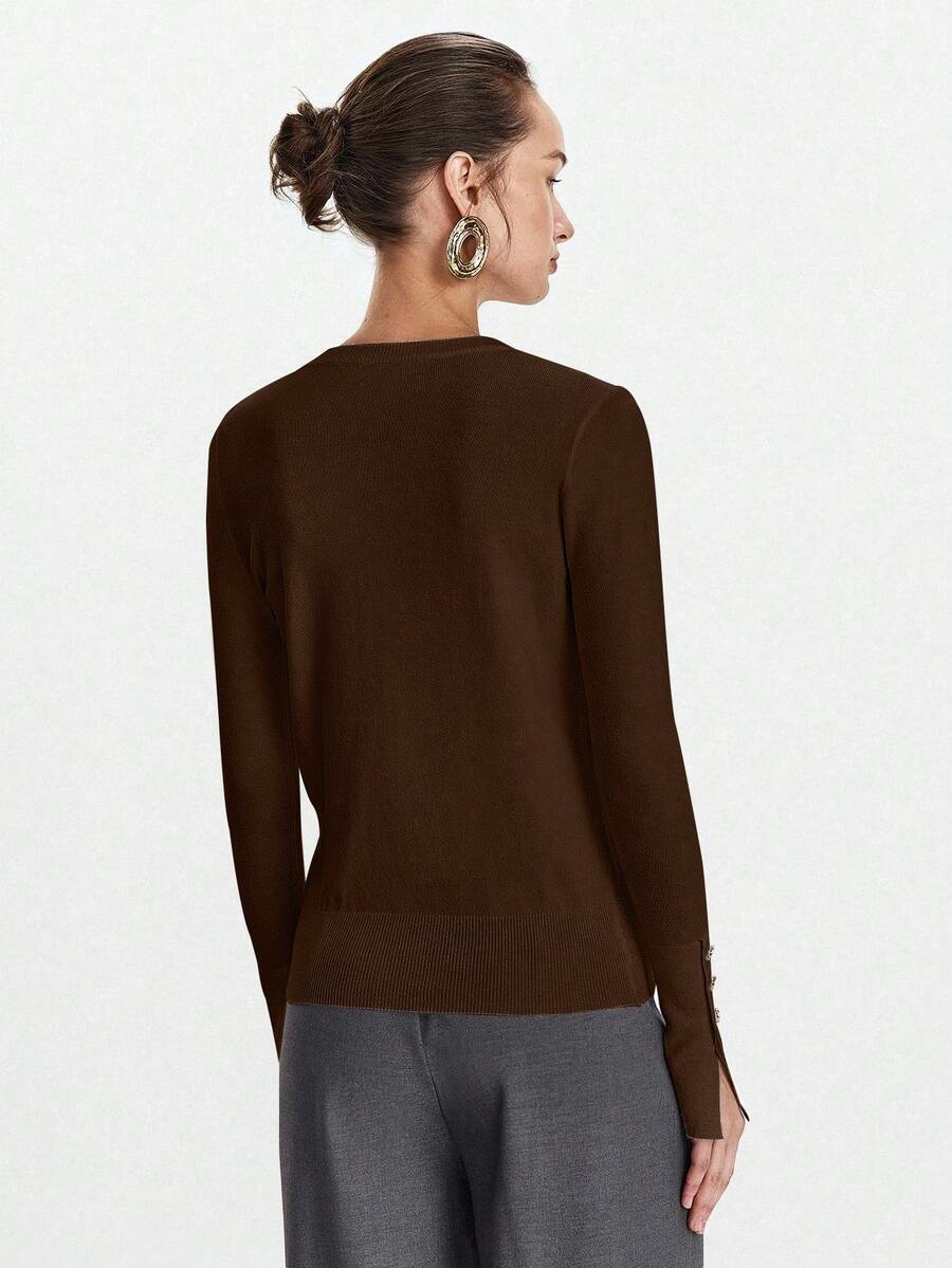Women's Fine Knit Sweater with Button Cuffs, Lightweight Pullover for Fall Work Casual - Beige
