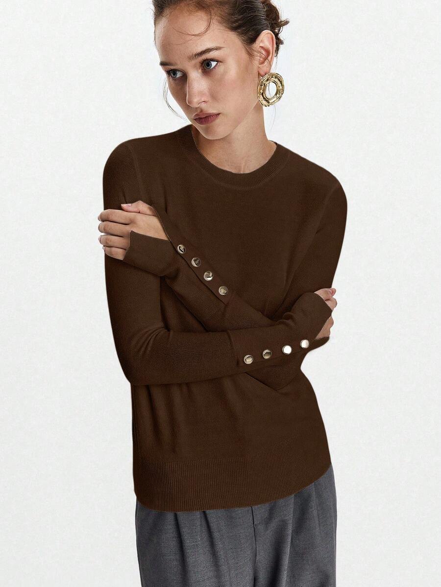 Women's Fine Knit Sweater with Button Cuffs, Lightweight Pullover for Fall Work Casual - Beige