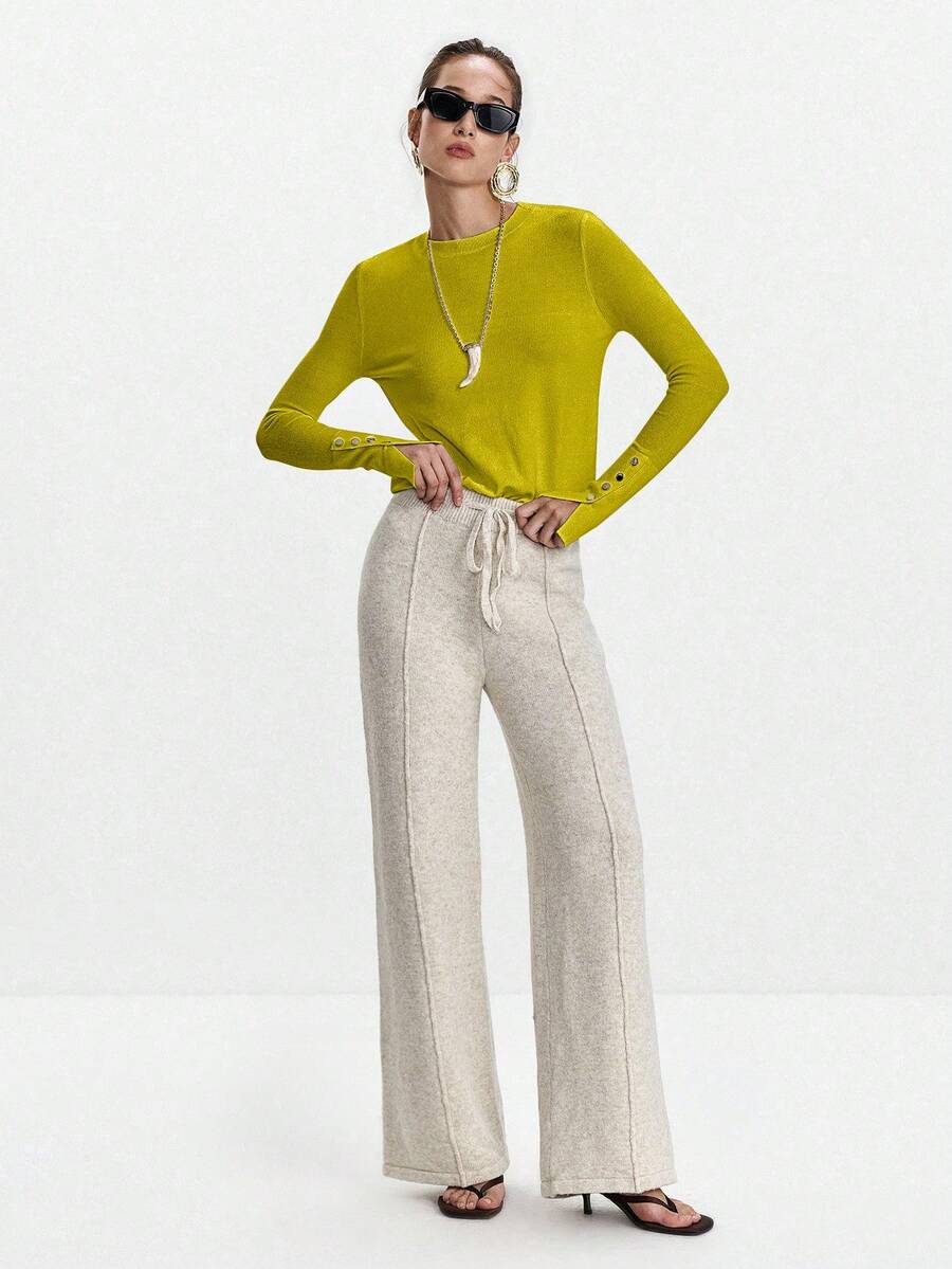 Women's Fine Knit Sweater with Button Cuffs, Lightweight Pullover for Fall Work Casual - Beige