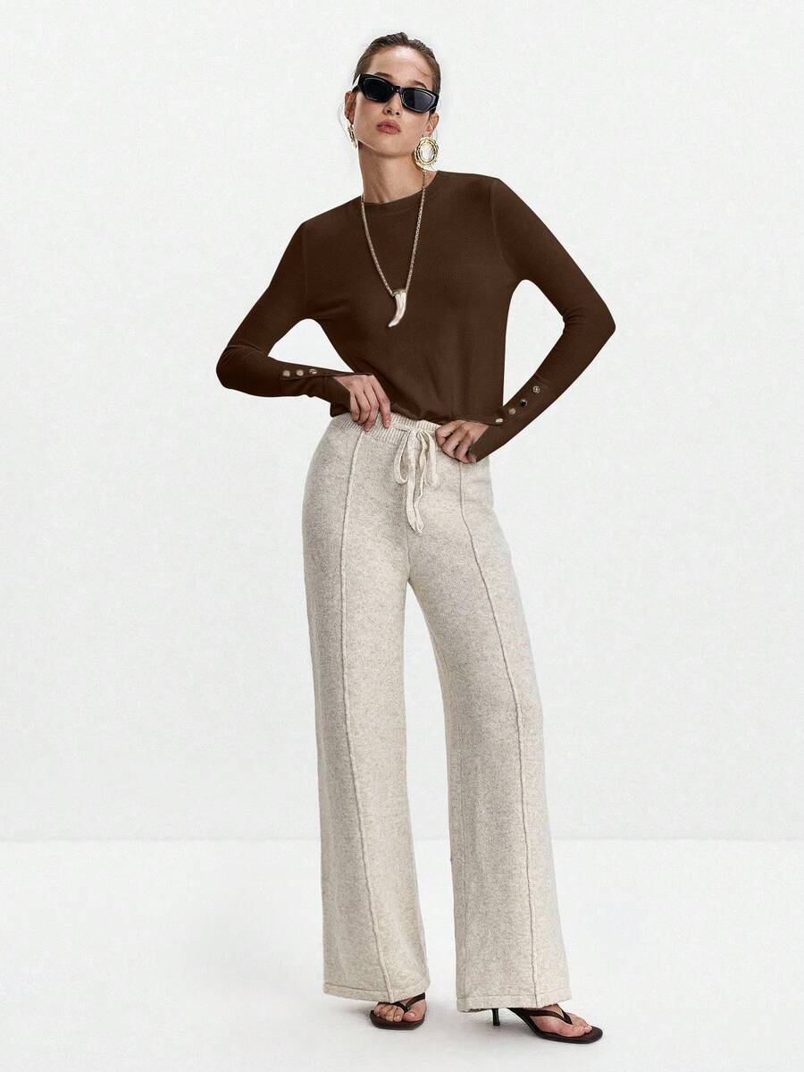 Women's Fine Knit Sweater with Button Cuffs, Lightweight Pullover for Fall Work Casual - Beige