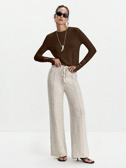 Women's Fine Knit Sweater with Button Cuffs, Lightweight Pullover for Fall Work Casual - Beige