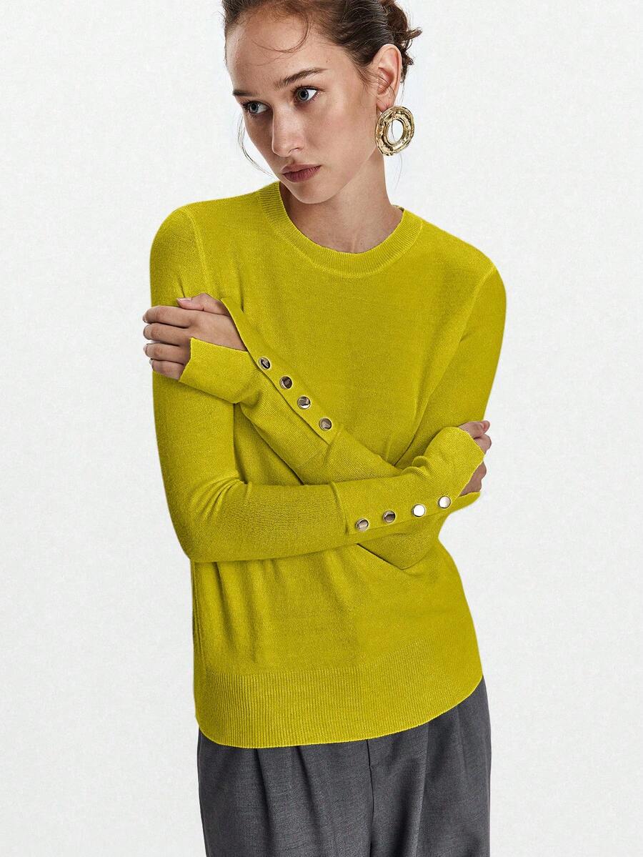 Women's Fine Knit Sweater with Button Cuffs, Lightweight Pullover for Fall Work Casual - Beige