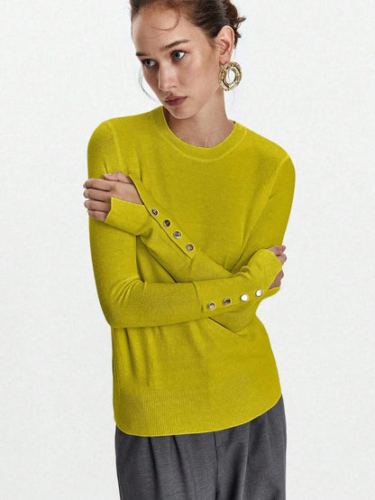 Women's Fine Knit Sweater with Button Cuffs, Lightweight Pullover for Fall Work Casual - Beige