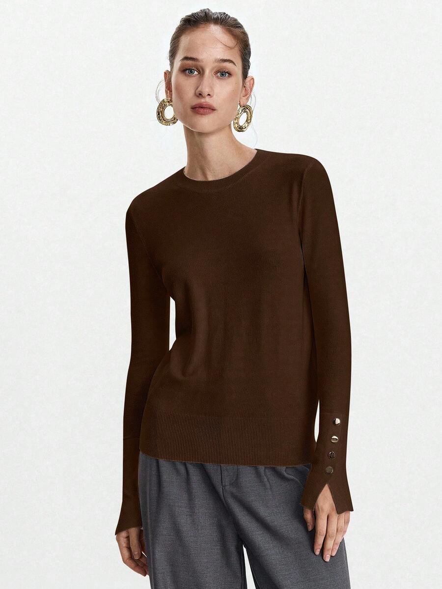 Women's Fine Knit Sweater with Button Cuffs, Lightweight Pullover for Fall Work Casual - Beige