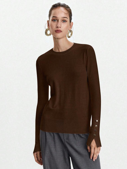 Women's Fine Knit Sweater with Button Cuffs, Lightweight Pullover for Fall Work Casual - Beige