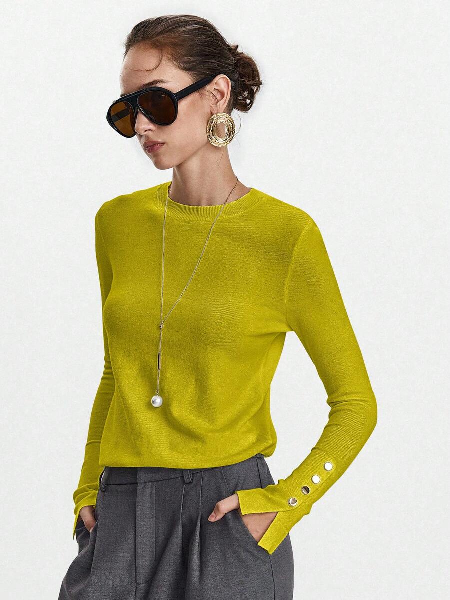 Women's Fine Knit Sweater with Button Cuffs, Lightweight Pullover for Fall Work Casual - Beige