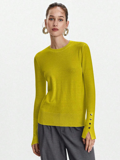 Women's Fine Knit Sweater with Button Cuffs, Lightweight Pullover for Fall Work Casual - Beige