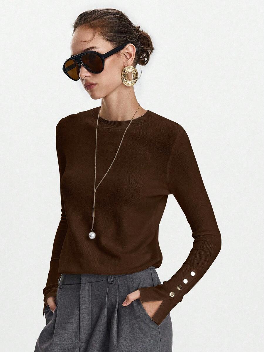 Women's Fine Knit Sweater with Button Cuffs, Lightweight Pullover for Fall Work Casual - Beige