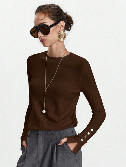 Women's Fine Knit Sweater with Button Cuffs, Lightweight Pullover for Fall Work Casual - Beige