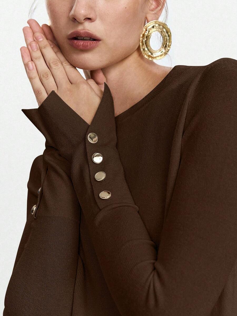 Women's Fine Knit Sweater with Button Cuffs, Lightweight Pullover for Fall Work Casual - Beige