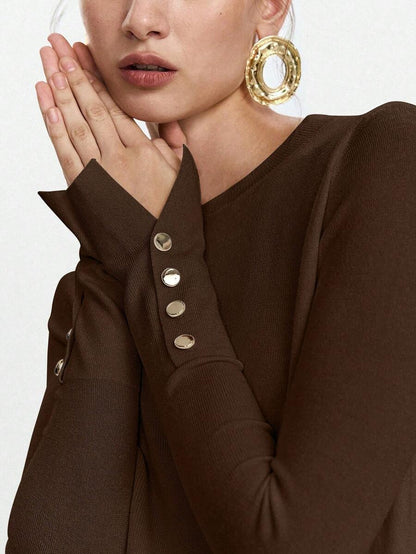 Women's Fine Knit Sweater with Button Cuffs, Lightweight Pullover for Fall Work Casual - Beige