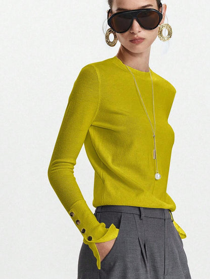Women's Fine Knit Sweater with Button Cuffs, Lightweight Pullover for Fall Work Casual - Beige
