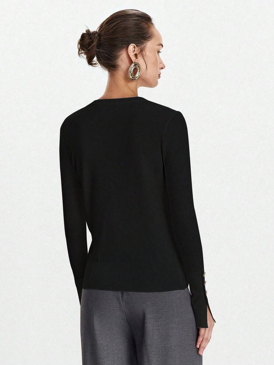 Women's Fine Knit Sweater with Button Cuffs, Lightweight Pullover for Fall Work Casual - Beige