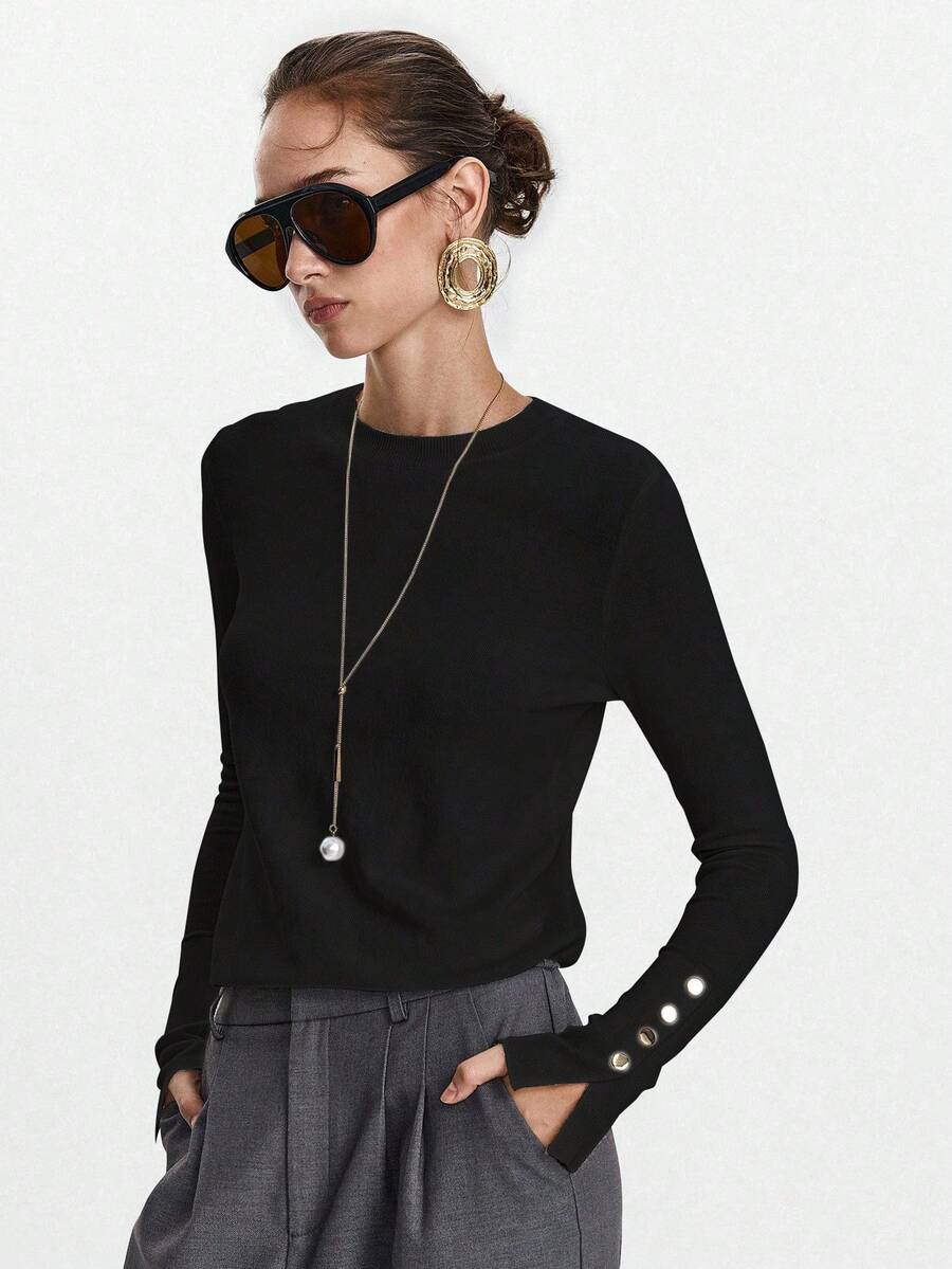 Women's Fine Knit Sweater with Button Cuffs, Lightweight Pullover for Fall Work Casual - Black