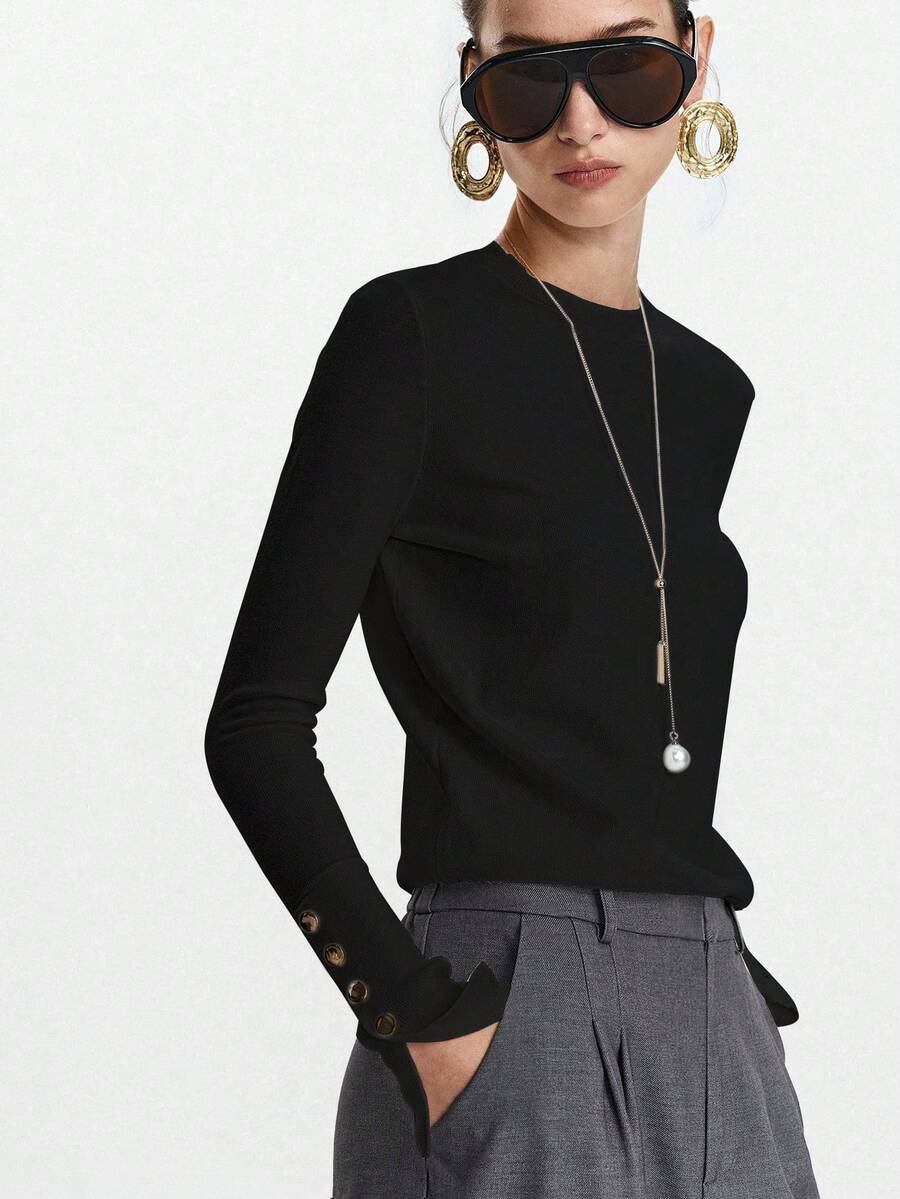 Women's Fine Knit Sweater with Button Cuffs, Lightweight Pullover for Fall Work Casual - Beige