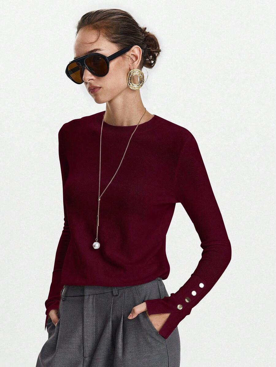 Women's Fine Knit Sweater with Button Cuffs, Lightweight Pullover for Fall Work Casual - Red