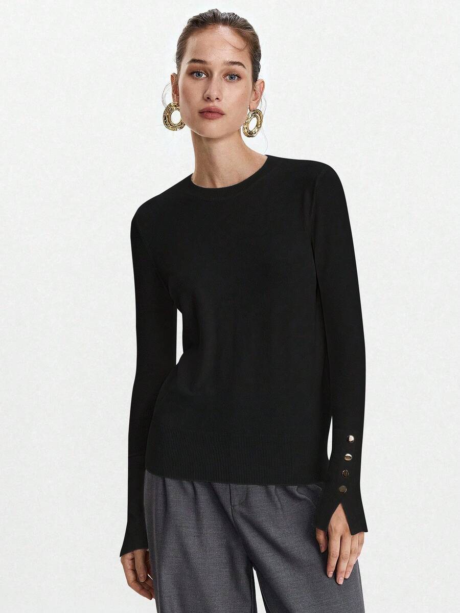 Women's Fine Knit Sweater with Button Cuffs, Lightweight Pullover for Fall Work Casual - Beige