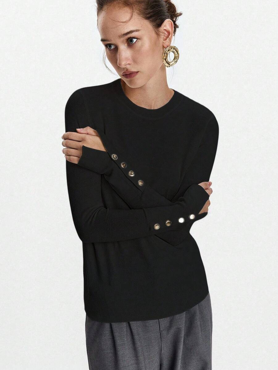Women's Fine Knit Sweater with Button Cuffs, Lightweight Pullover for Fall Work Casual - Beige