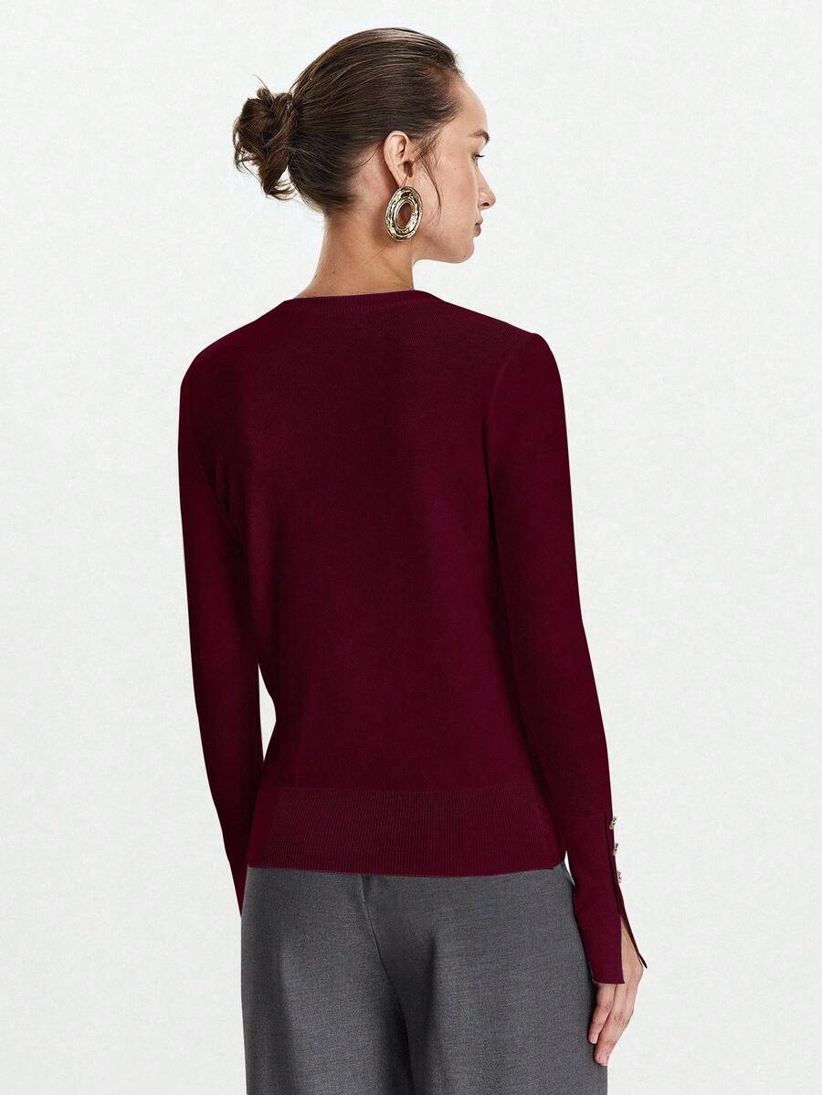 Women's Fine Knit Sweater with Button Cuffs, Lightweight Pullover for Fall Work Casual - Beige