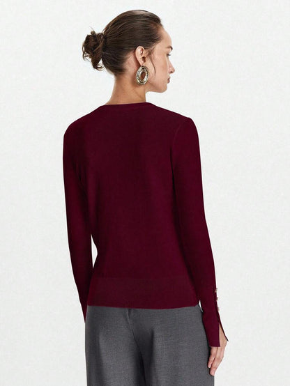 Women's Fine Knit Sweater with Button Cuffs, Lightweight Pullover for Fall Work Casual - Beige