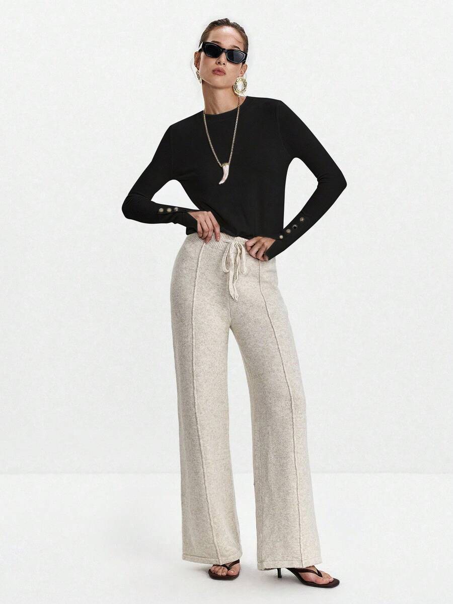 Women's Fine Knit Sweater with Button Cuffs, Lightweight Pullover for Fall Work Casual - Beige