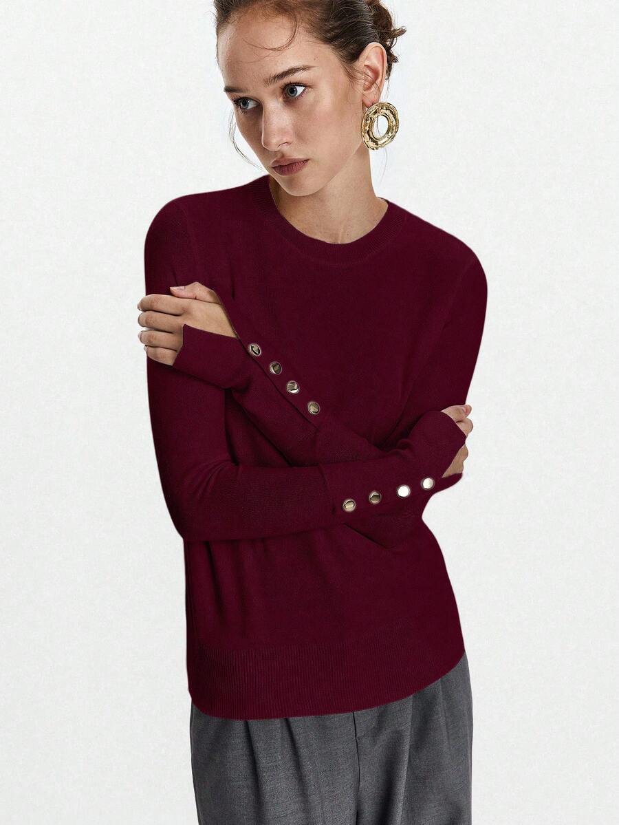 Women's Fine Knit Sweater with Button Cuffs, Lightweight Pullover for Fall Work Casual - Beige
