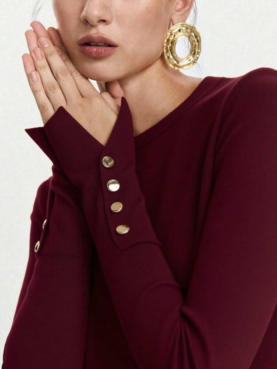 Women's Fine Knit Sweater with Button Cuffs, Lightweight Pullover for Fall Work Casual - Beige