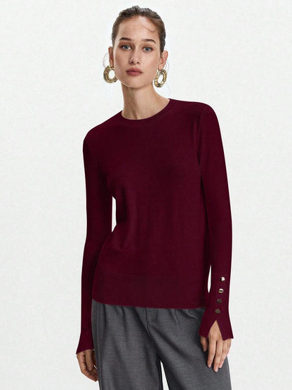 Women's Fine Knit Sweater with Button Cuffs, Lightweight Pullover for Fall Work Casual - Beige