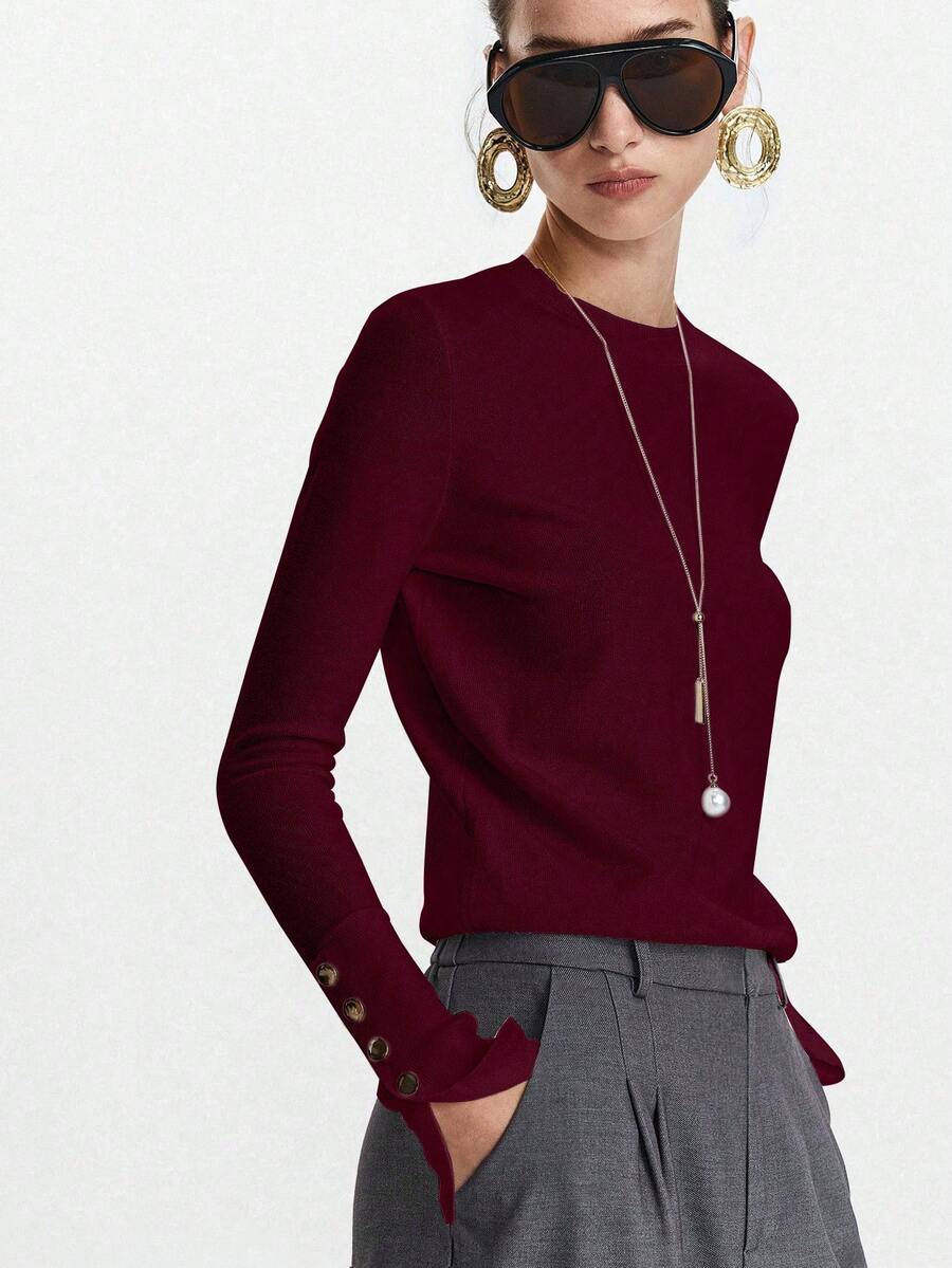 Women's Fine Knit Sweater with Button Cuffs, Lightweight Pullover for Fall Work Casual - Beige