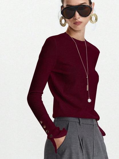 Women's Fine Knit Sweater with Button Cuffs, Lightweight Pullover for Fall Work Casual - Beige