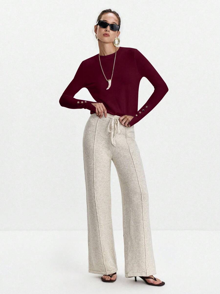 Women's Fine Knit Sweater with Button Cuffs, Lightweight Pullover for Fall Work Casual - Beige