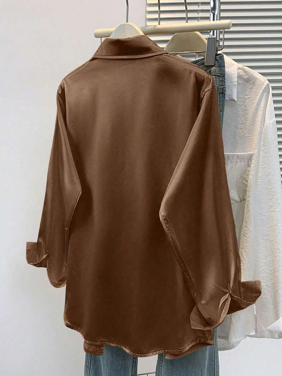 Valeria Satin Long Sleeve Button Down Collared Shirt - Chocolate Brown