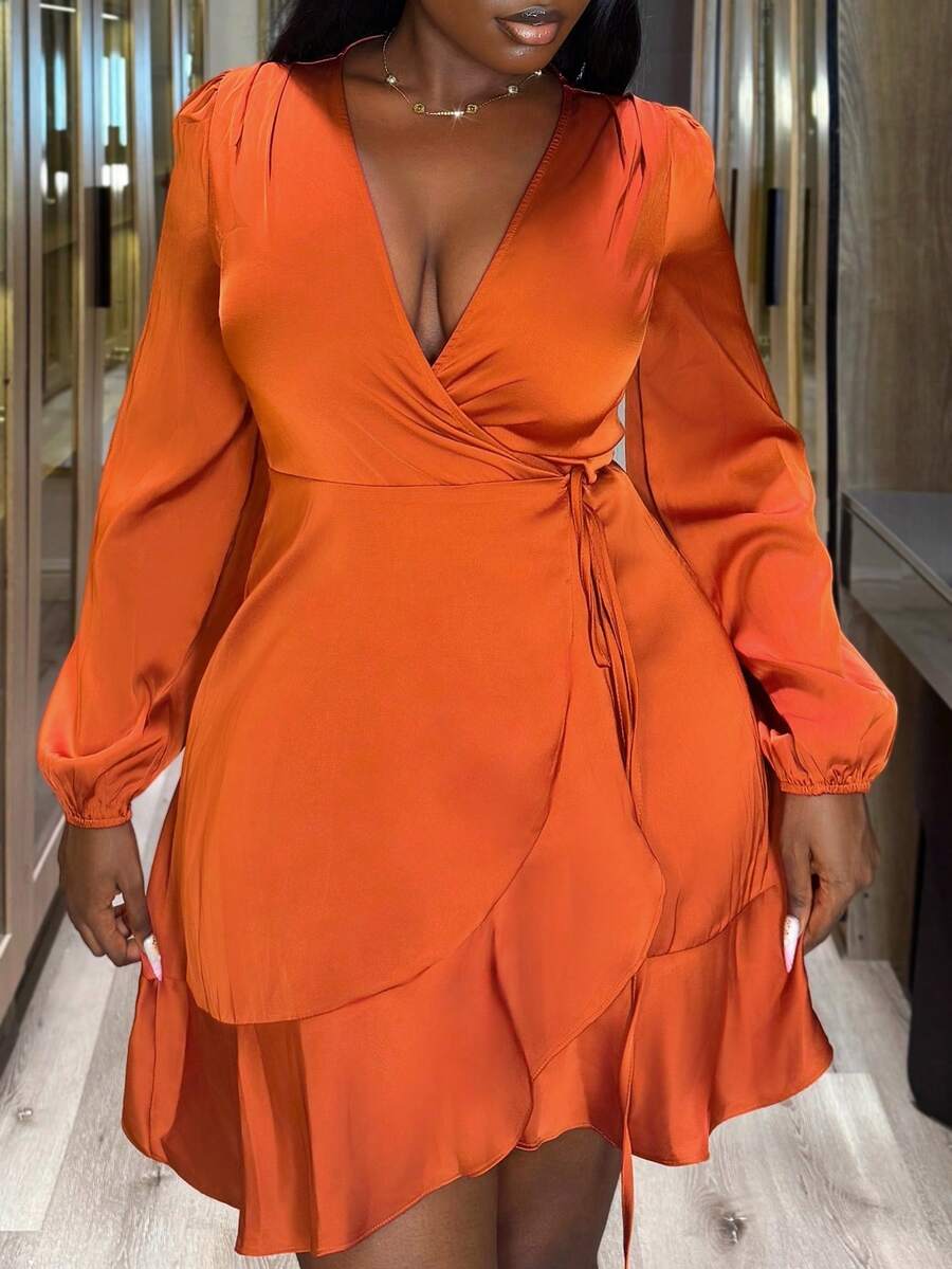 Women's Satin Wrap Dress, Tie Waist Ruffle Hem Silky Dress for Wedding Guest and Evening - Orange