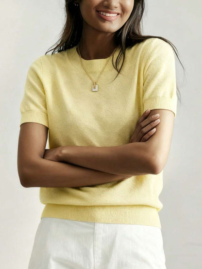 Women's Fine Rib Knit Short Sleeve Top, Fitted Stretch Tee for Layering and Work - Olive Green