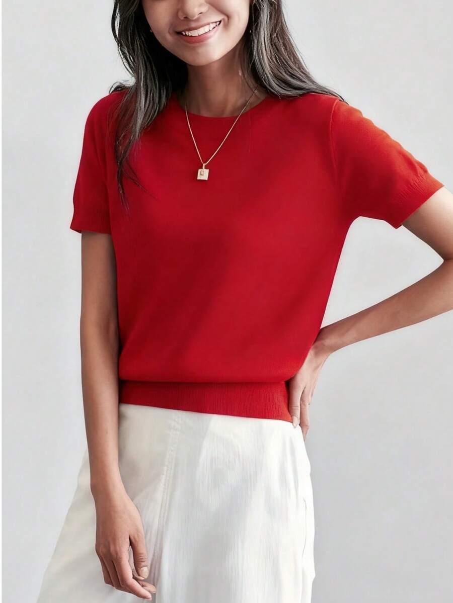 Women's Fine Rib Knit Short Sleeve Top, Fitted Stretch Tee for Layering and Work - Burgundy